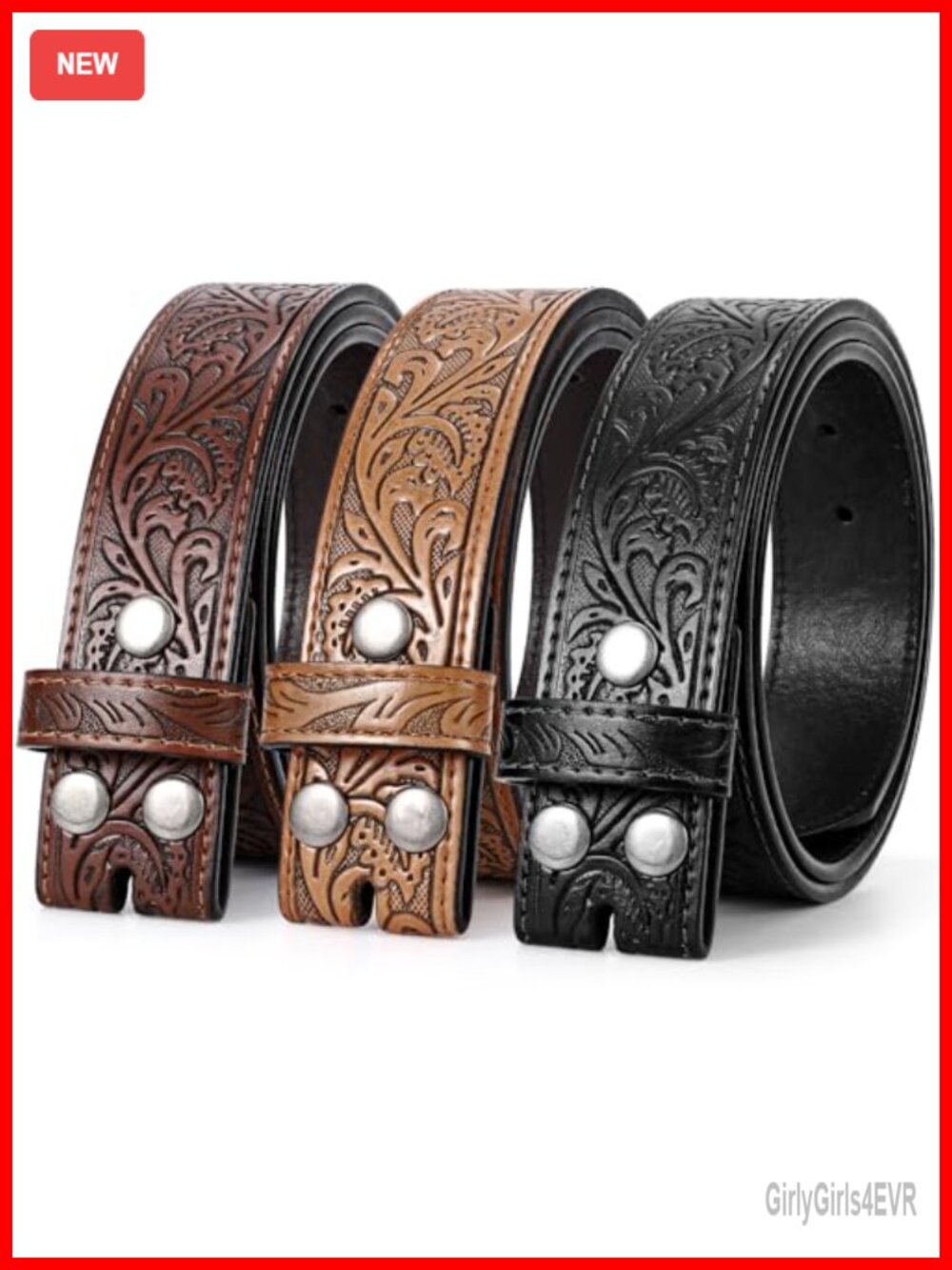 3 Pack Western Belt Straps Split Leather Floral Embossed 1.5" Wide Without